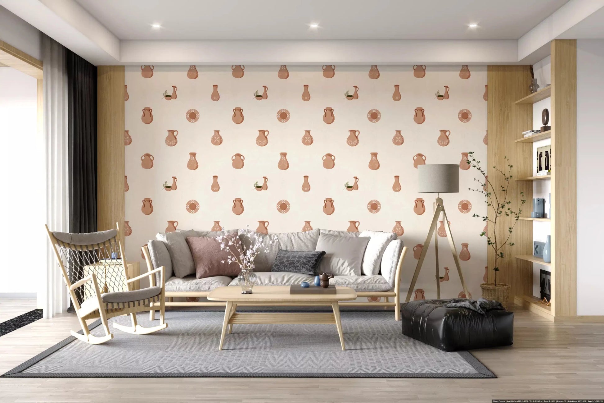 Living room glow softly through Pottery On Canvas wallpaper.⁠GD9583