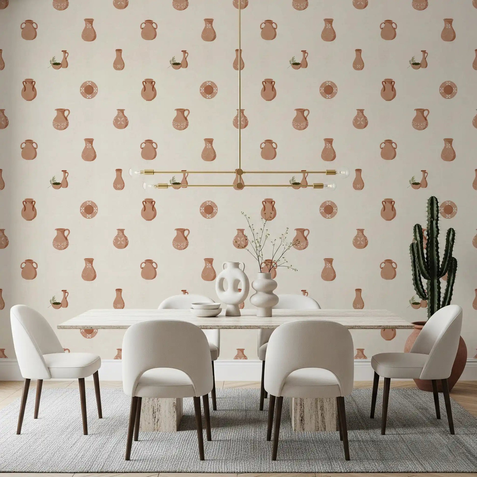 Hand-drawn clay vessels carry rust and dusty rose tones in Tuscany Pottery wallpaper.GD9583