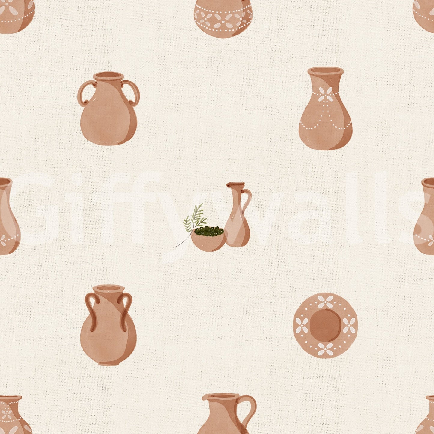 Woven canvas texture shows clearly beneath Tuscany Pottery wallpaper.
 ⁠GD9583