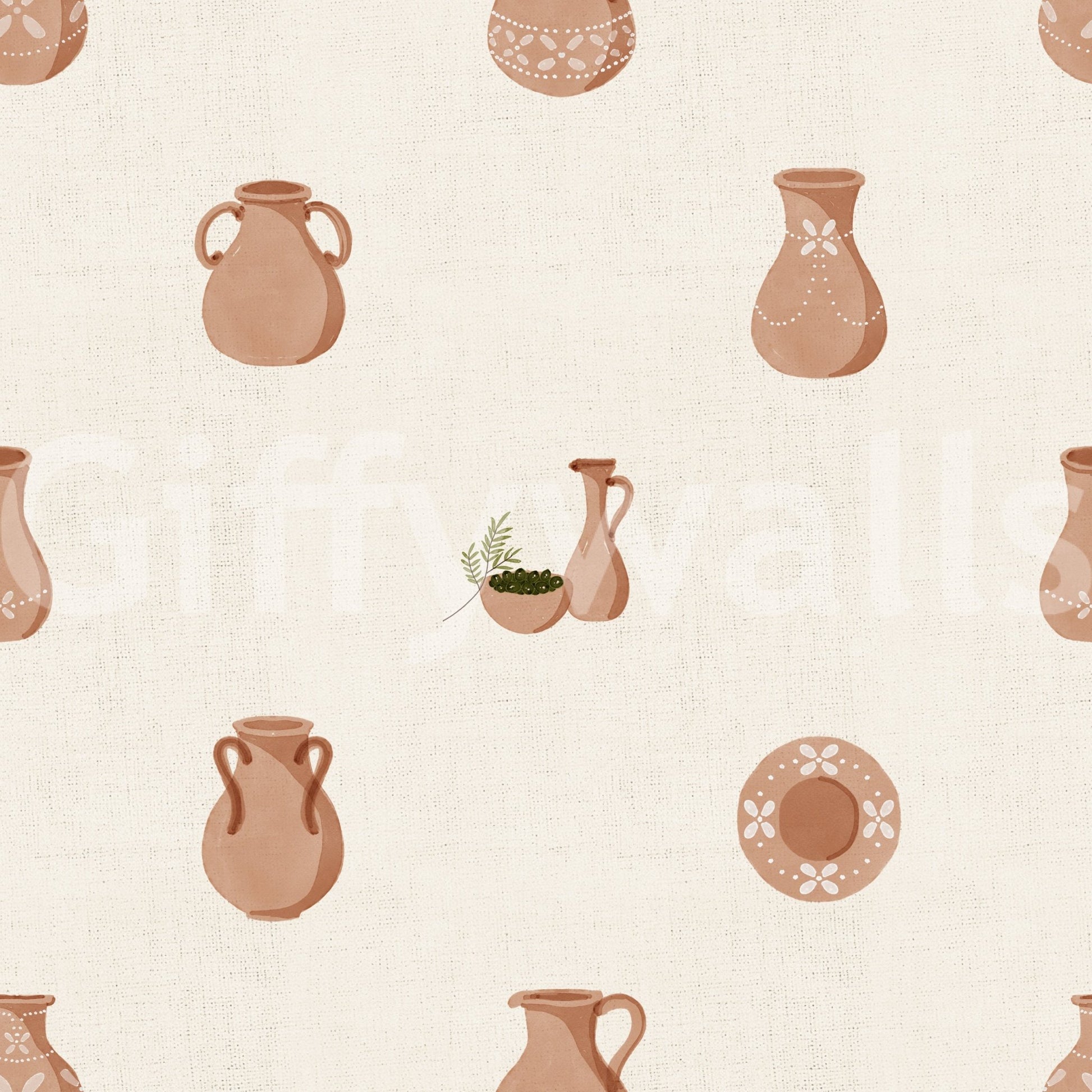 Woven canvas texture shows clearly beneath Tuscany Pottery wallpaper.
 ⁠GD9583