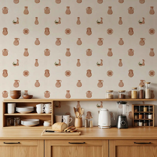 Clay vessels scatter behind a kitchen-dining wall in Tuscany Pottery wallpaper.GD9583