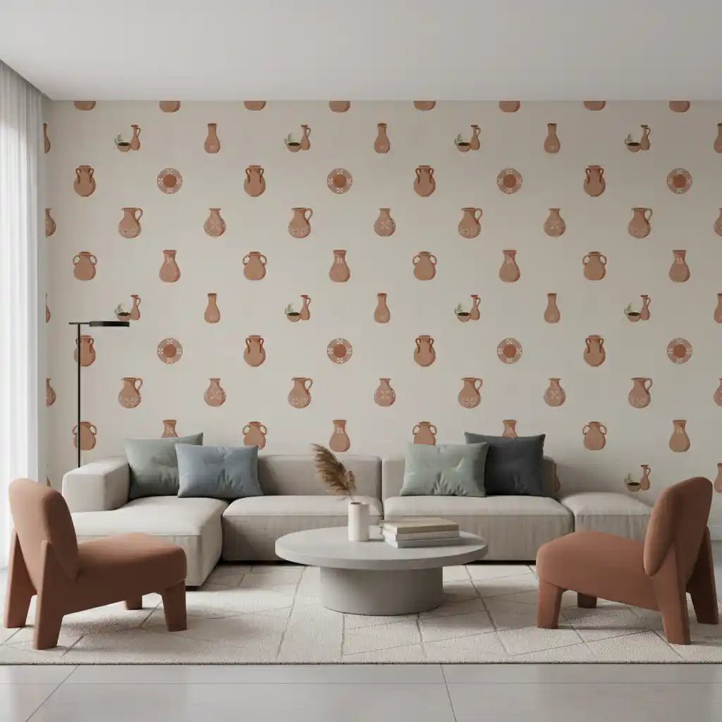 Amphorae, jugs, and urns repeat softly across Tuscany Pottery wallpaper.⁠GD9583