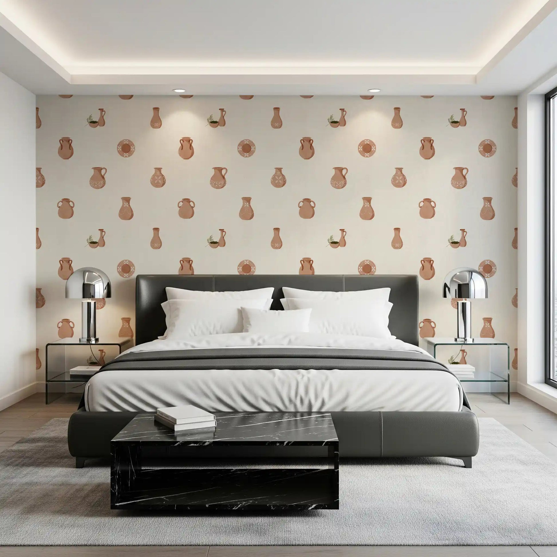 A master bedroom carries Mediterranean charm with Tuscany Pottery wallpaper.⁠GD9583
