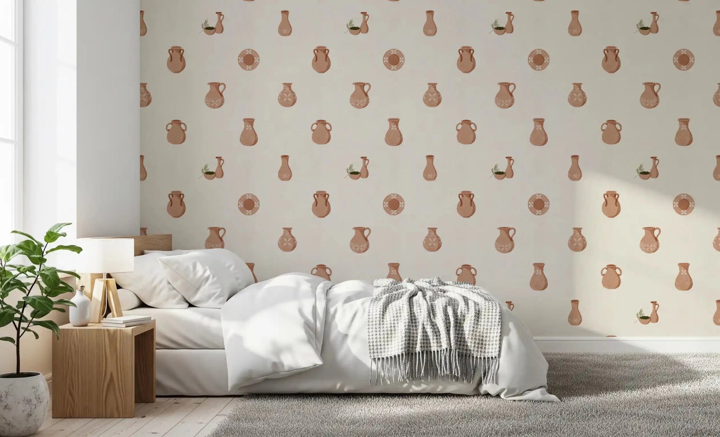 Bedroom backdrops feel earthy with Tuscany Pottery wallpaper in soft rust.
⁠GD9583