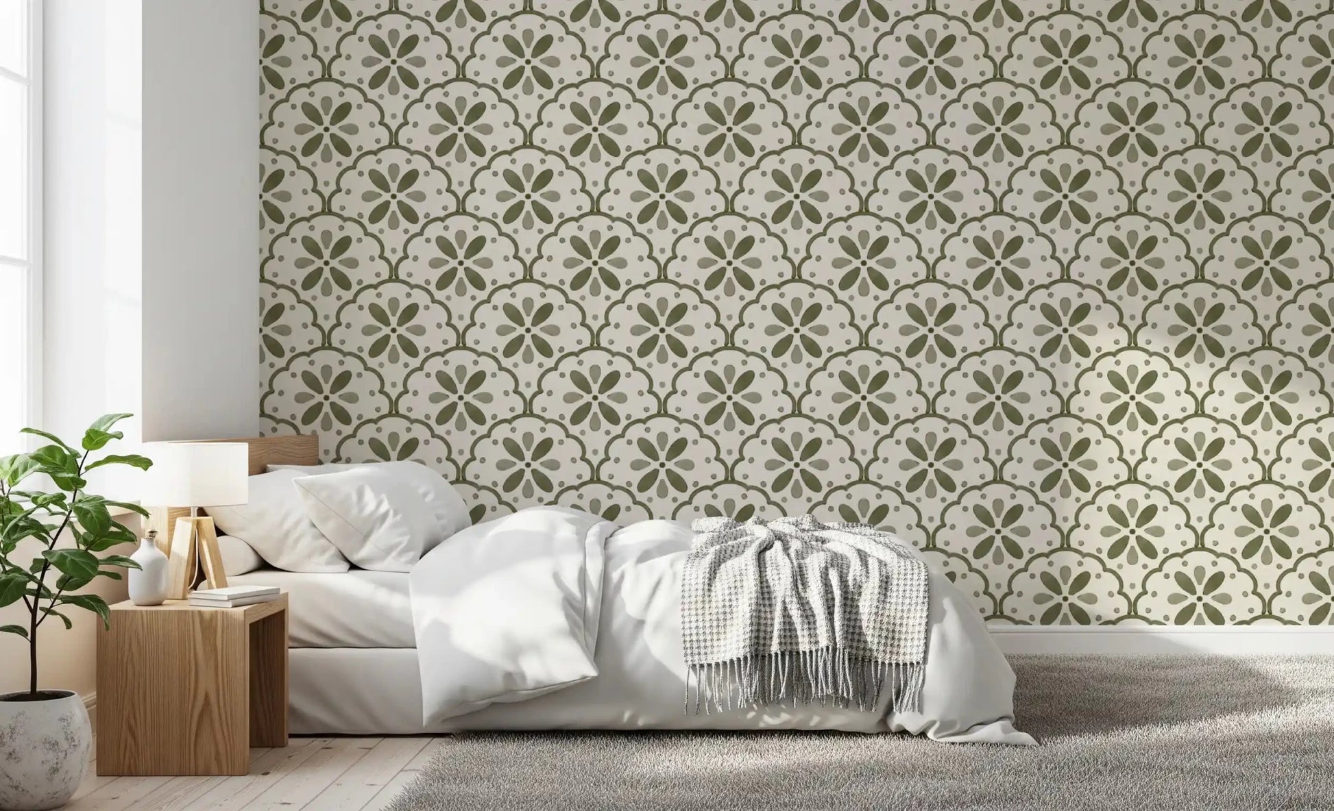 Tile-style arches fill a Bedroom through Scallop Olive wallpaper panels.⁠GD9584