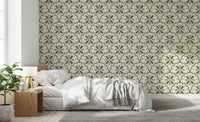 Tile-style arches fill a Bedroom through Scallop Olive wallpaper panels.⁠GD9584
