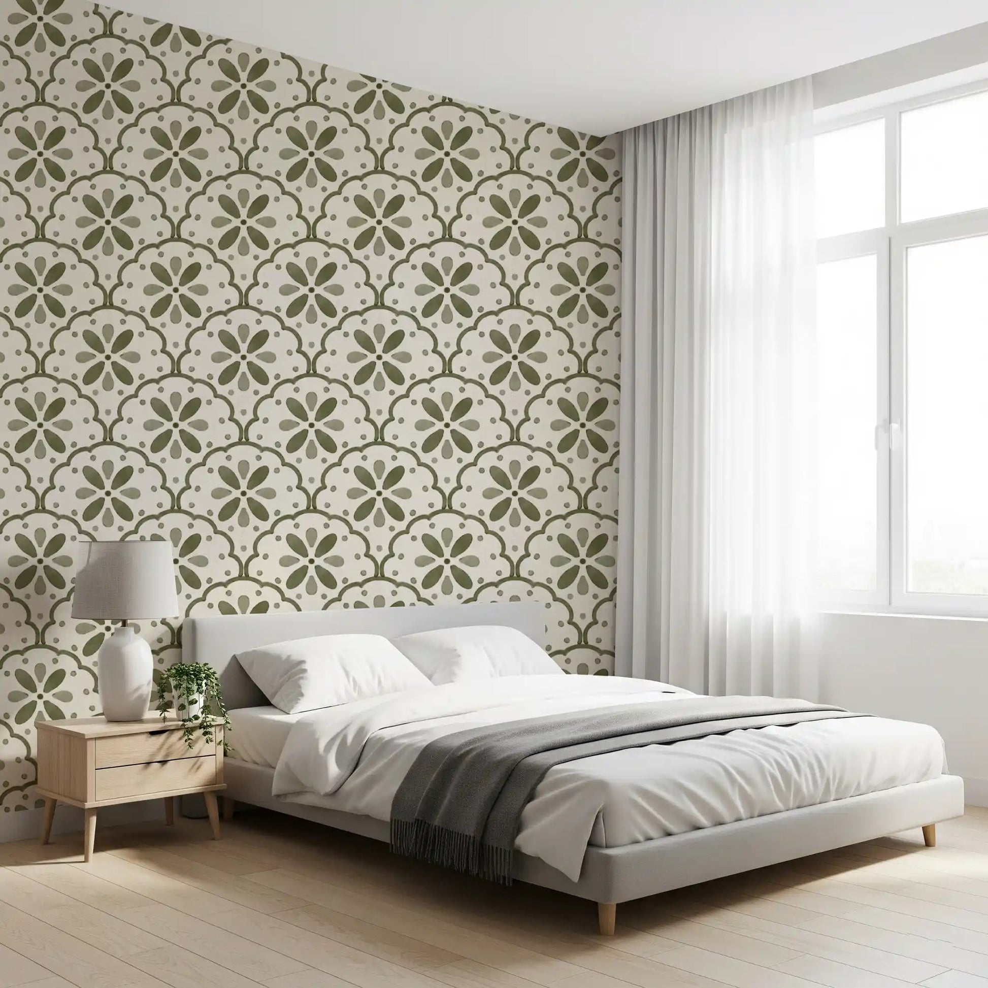 Muted olive outlines edge the tiles in Scallop Olive wallpaper.GD9584