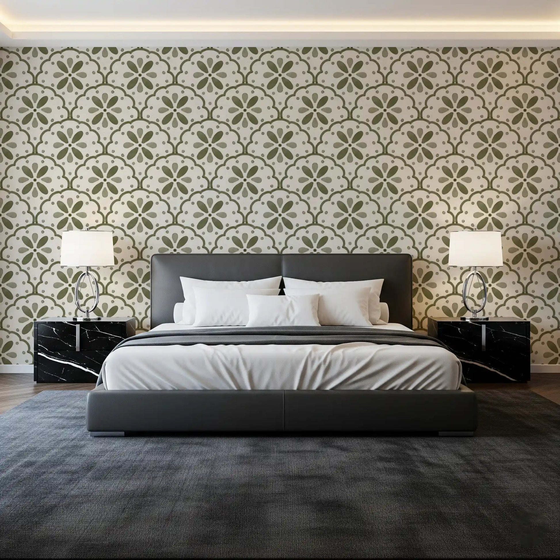 Master bedroom corners glow softly with Tuscany Olive wallpaper.
⁠GD9584