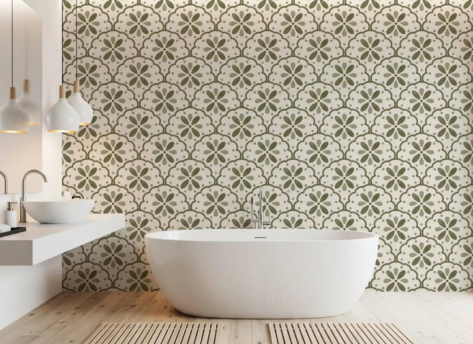 Scalloped tiles wrap a bathroom behind Tuscany Scallop Olive wallpaper.GD9584
