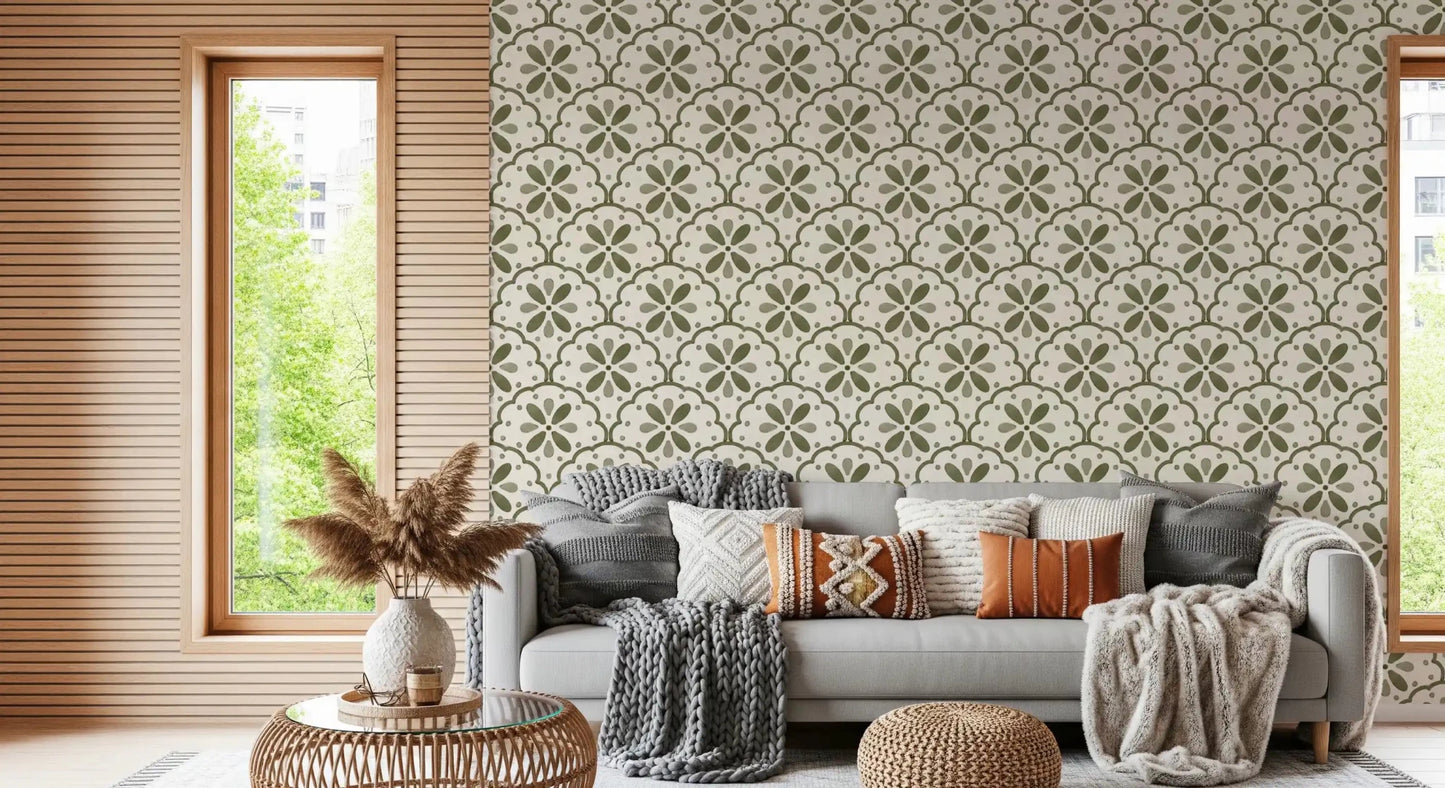 Earthy green motifs settle into a Living room with Tuscany Scallop wallpaper.GD9584
