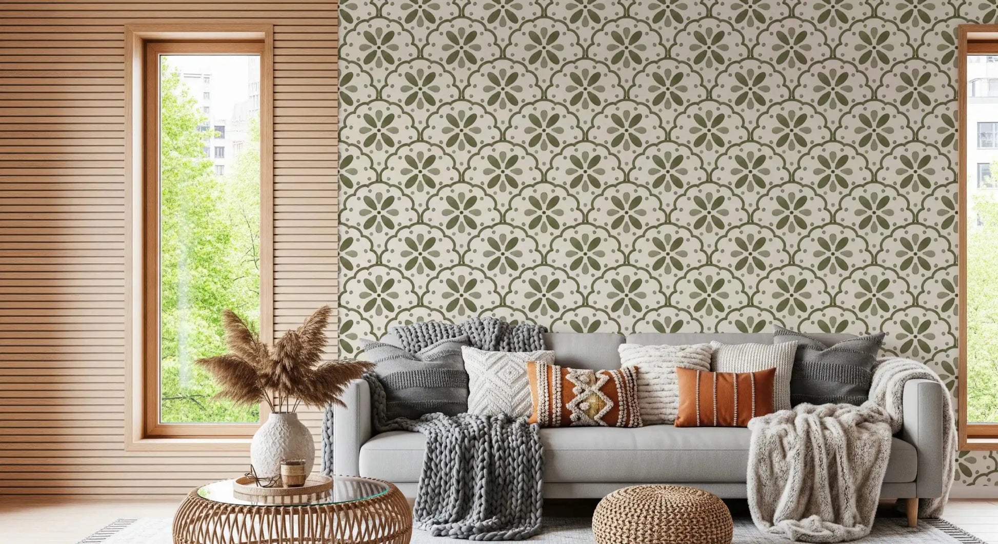 Earthy green motifs settle into a Living room with Tuscany Scallop wallpaper.GD9584
