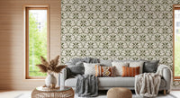 Earthy green motifs settle into a Living room with Tuscany Scallop wallpaper.GD9584