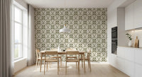 A Dining room area depth from Scallop Olive wallpaper across the back wall.GD9584
