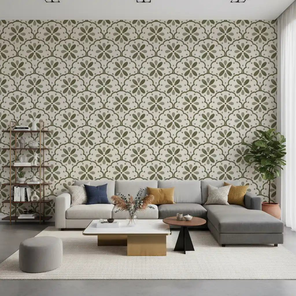 Open lounge feel Mediterranean with Tuscany Scallop wallpaper in green hues.GD9584