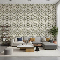 Open lounge feel Mediterranean with Tuscany Scallop wallpaper in green hues.GD9584