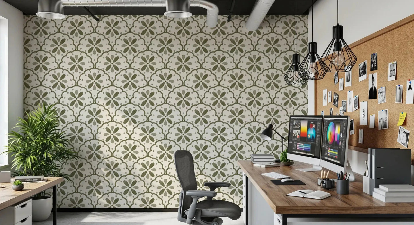 Sage and deeper green petals layer through Tuscany Olive wallpaper.⁠GD9584