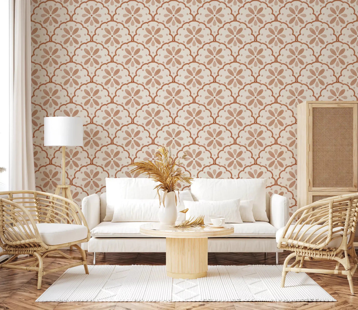 Open lounge corners glow softly with Tuscany Terracotta wallpaper.GD9585