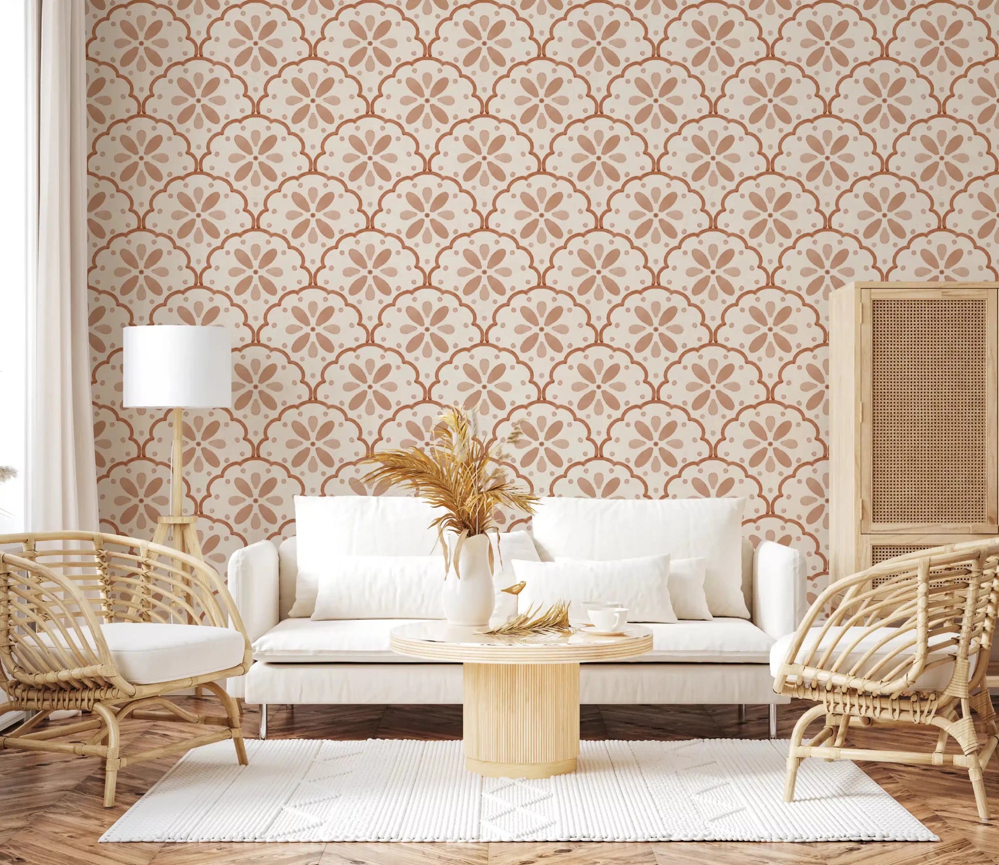 Open lounge corners glow softly with Tuscany Terracotta wallpaper.GD9585
