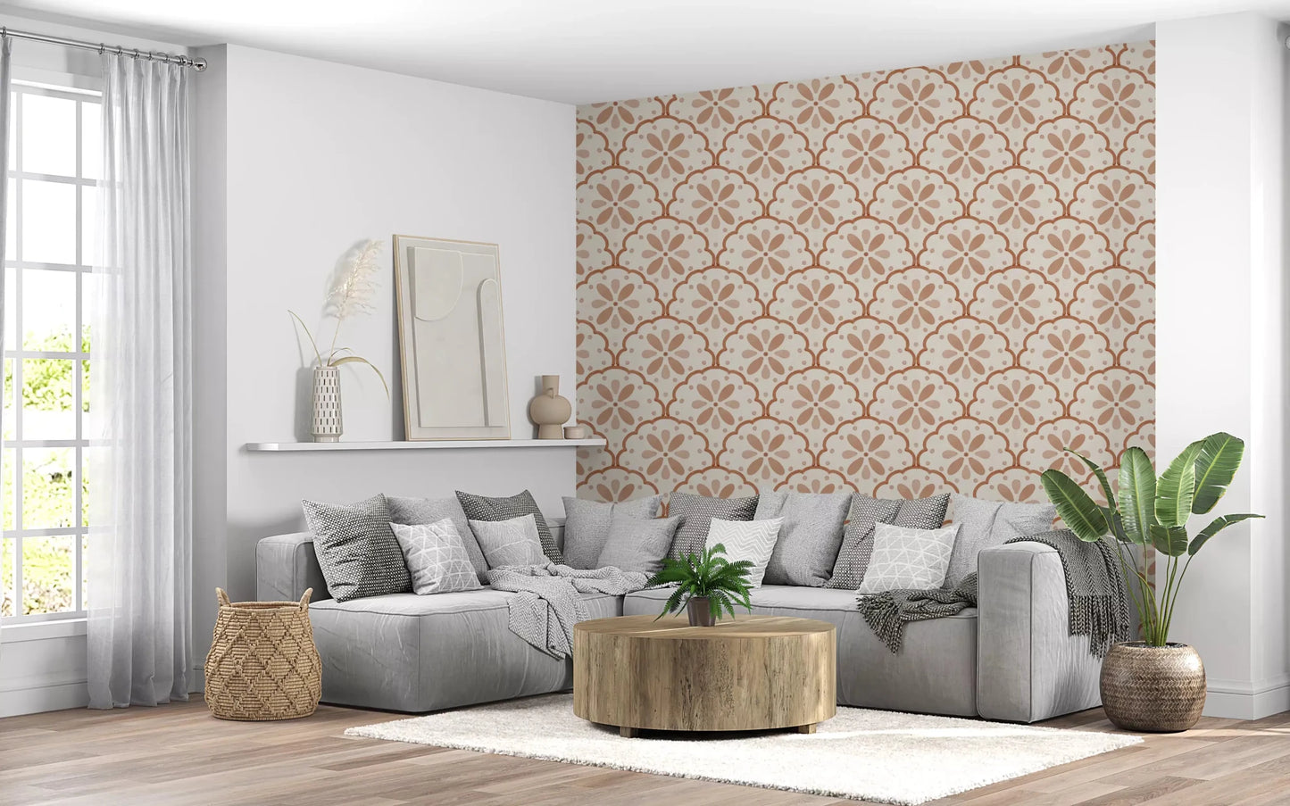 Warm rust outlines edge the tiles in Scallop Terracotta wallpaper.GD9585