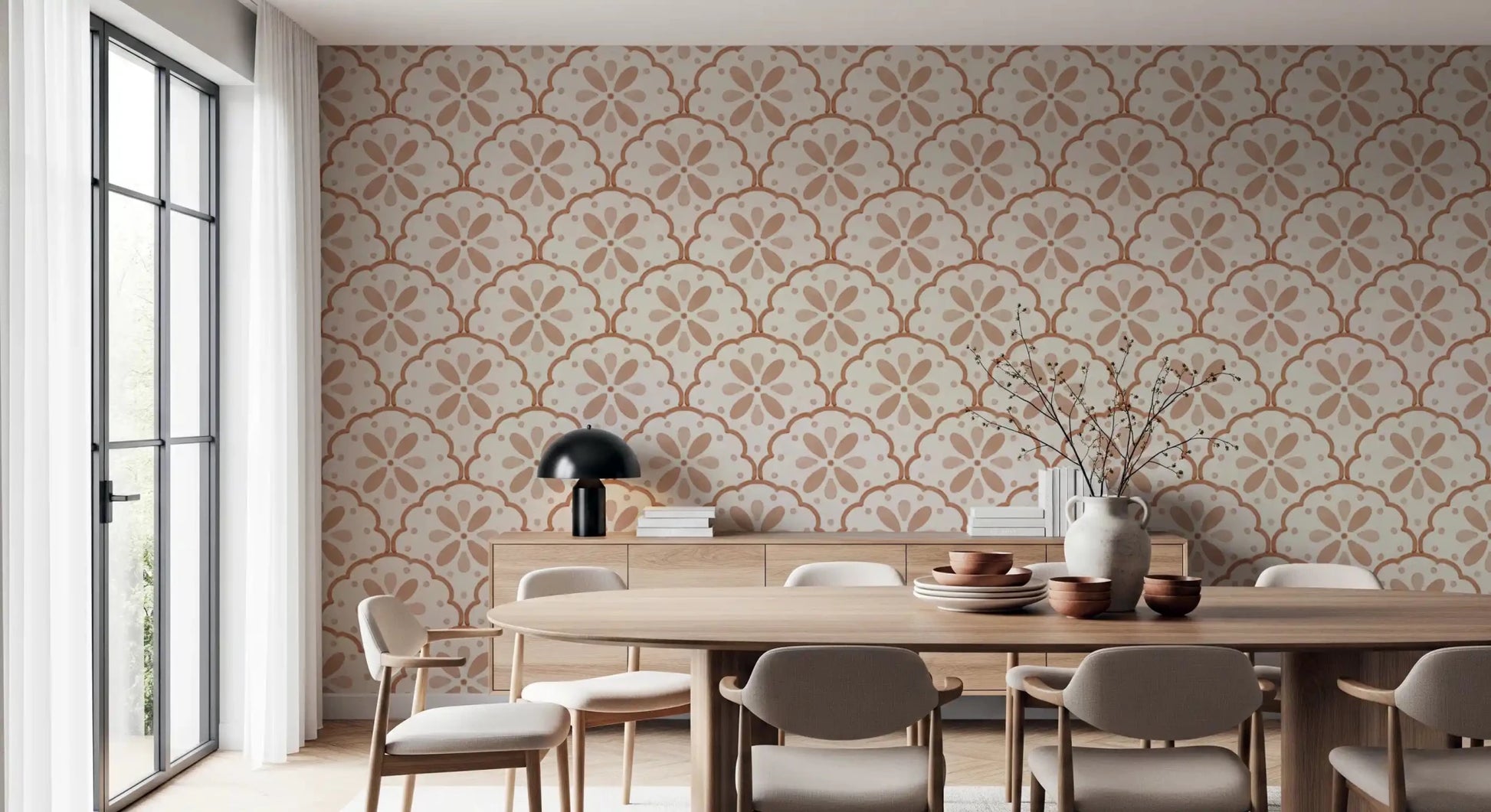 Peach and blush petals layer through Tuscany Terracotta wallpaper.⁠GD9585