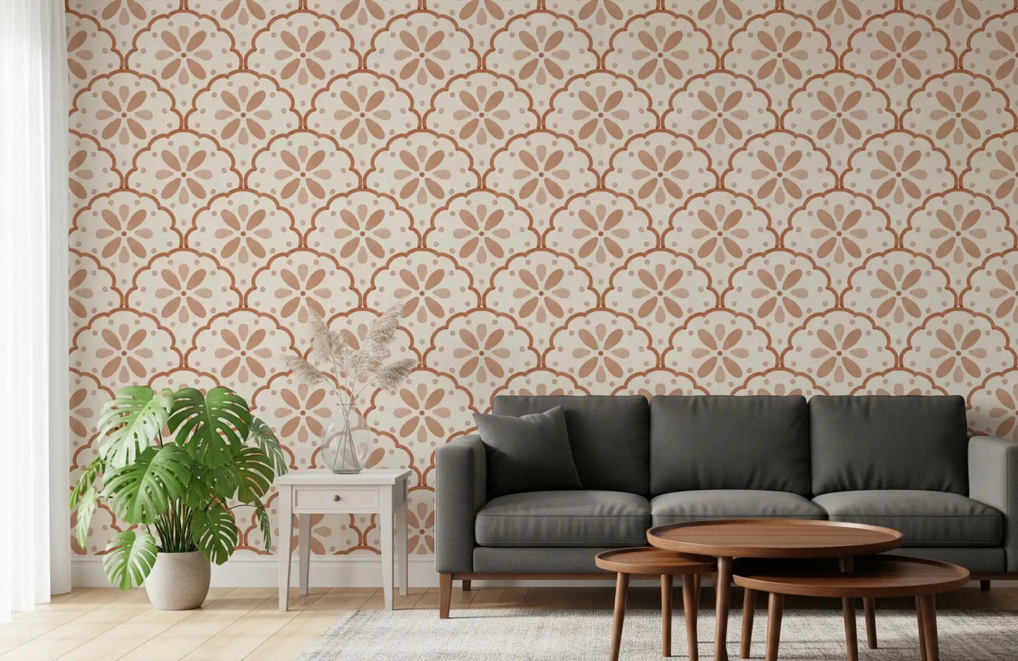 Scalloped tiles wrap a living room behind Tuscany Scallop Terracotta wallpaper.GD9585