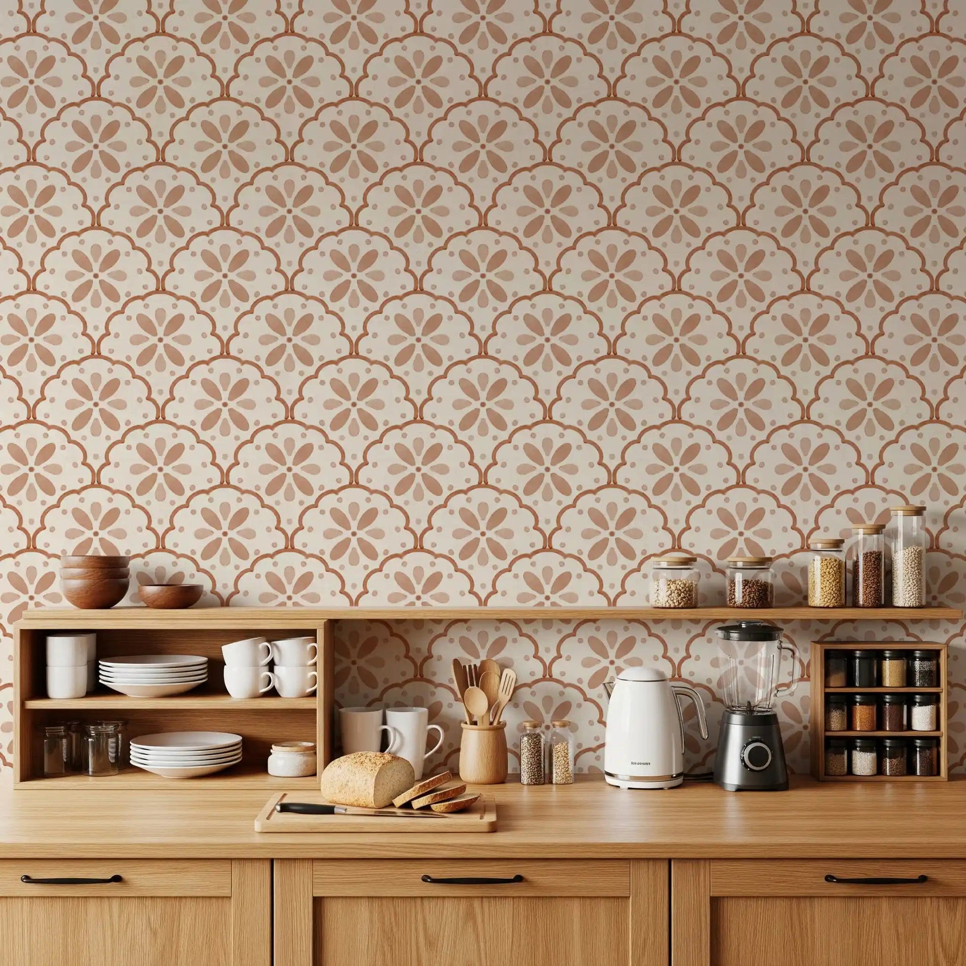 Warm peach motifs settle into a kitchen-dining area with Tuscany Scallop wallpaper.⁠GD9585
