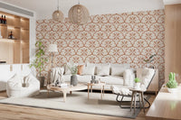 Tile-style arches fill a Living room through Scallop Terracotta wallpaper panels.GD9585