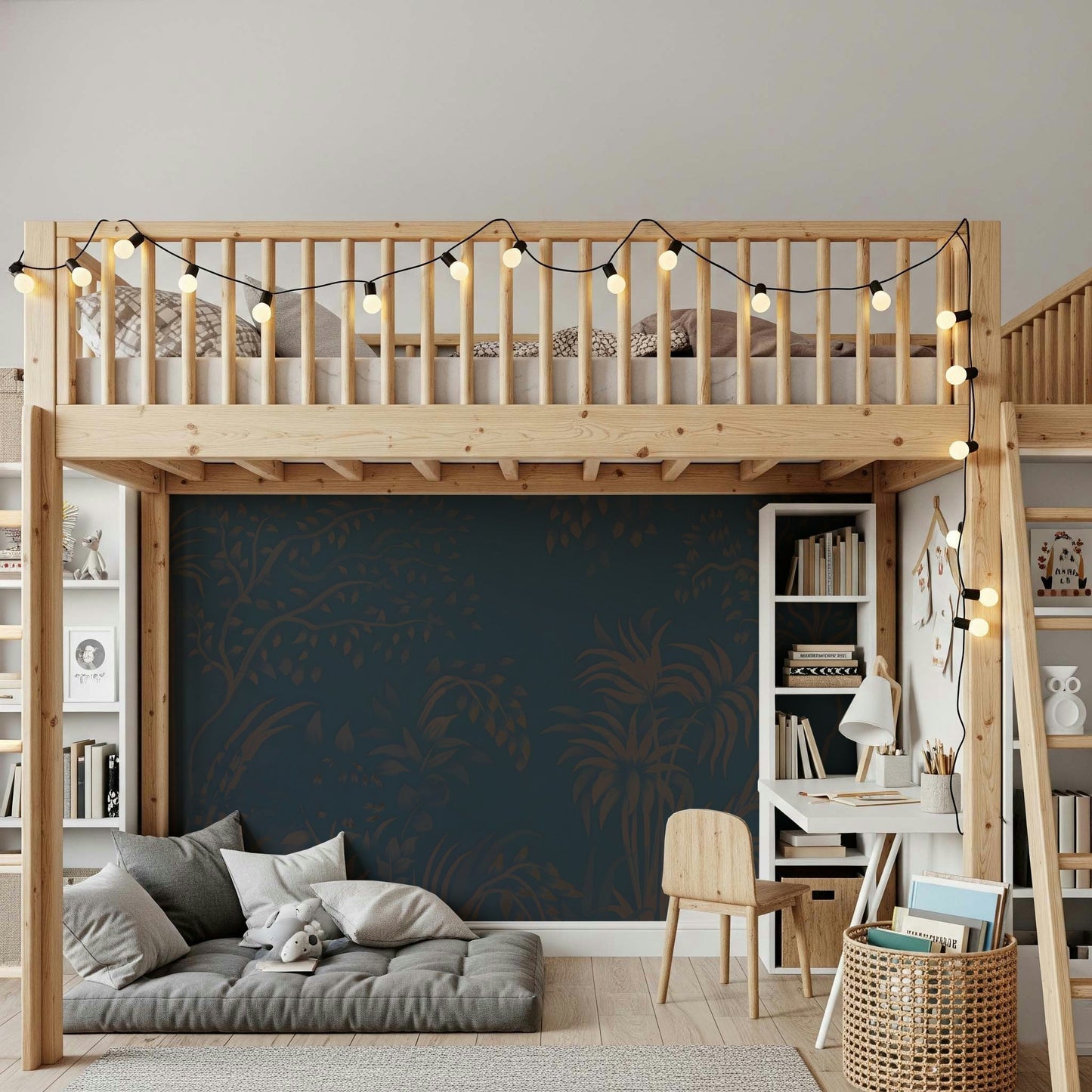 Wallpaper mural showing tropical birds among deep green leaves.