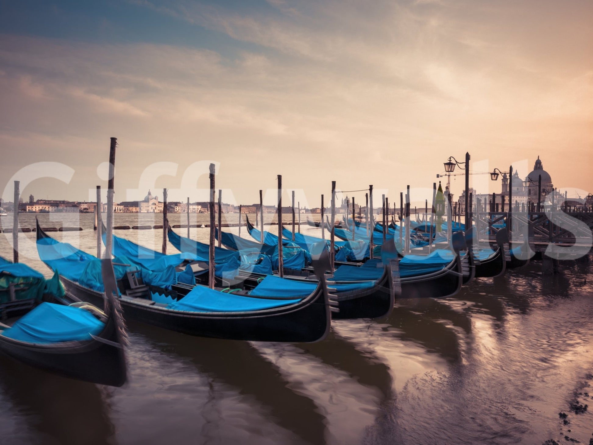 Twilight Gondolas wall mural blending canal calm with distant architecture