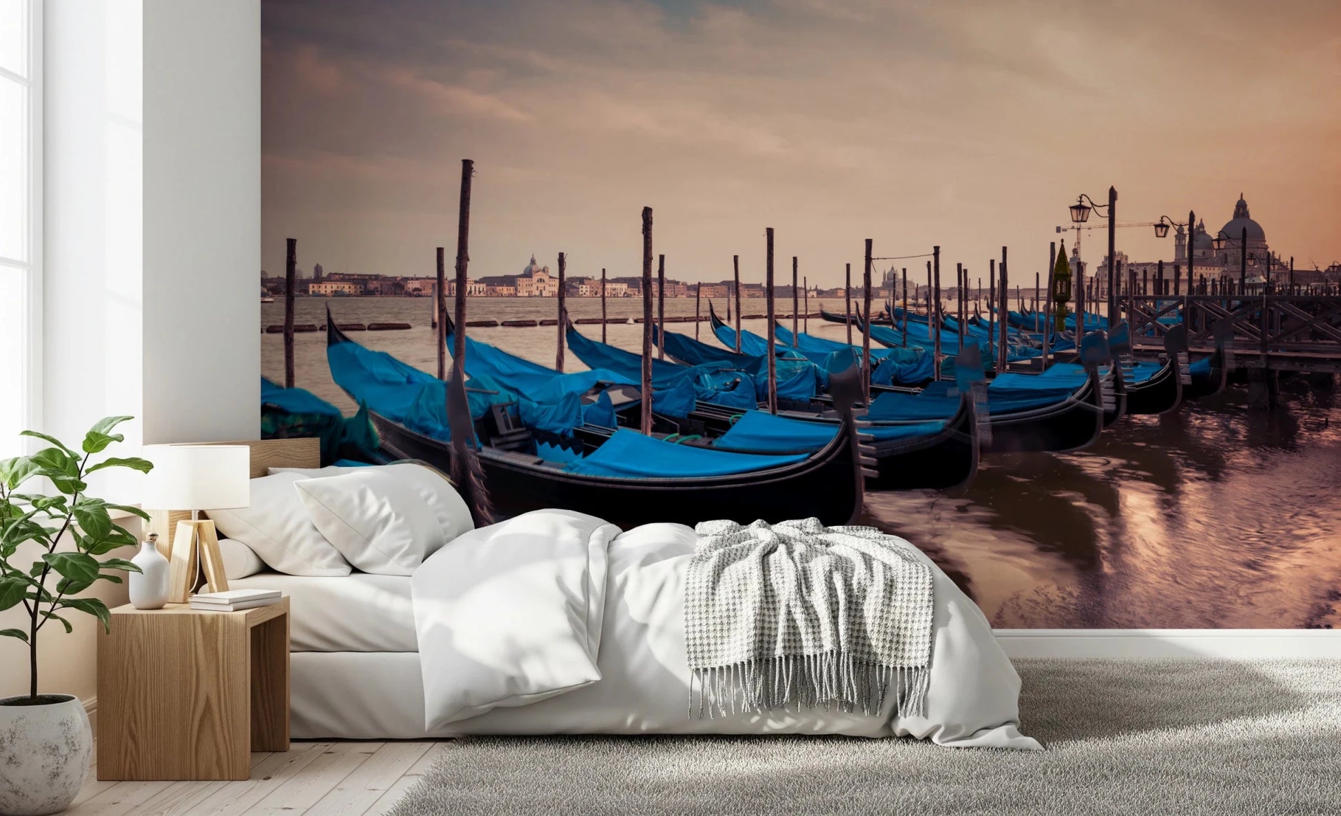 Bedroom styled in Twilight Gondolas wall mural with blue-covered gondolas