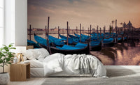 Bedroom styled in Twilight Gondolas wall mural with blue-covered gondolas