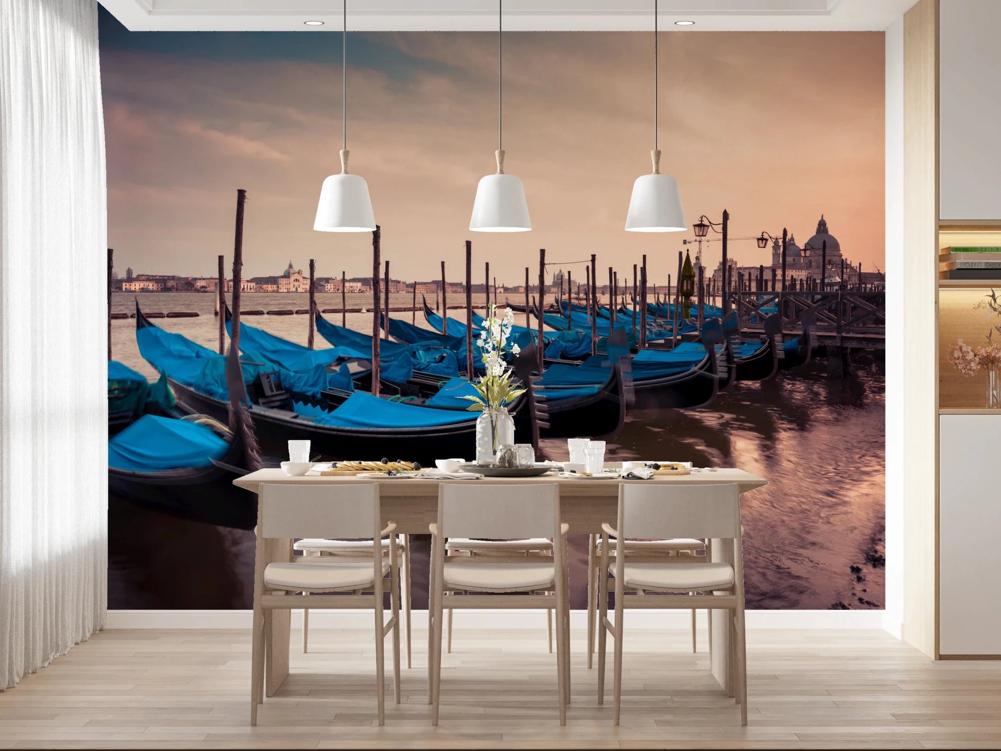 Scenic Twilight Gondolas wall mural with calm water and evening sky