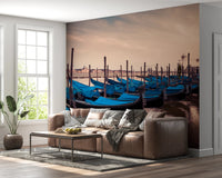 Twilight Gondolas wall mural showing blue boat covers and canal reflections