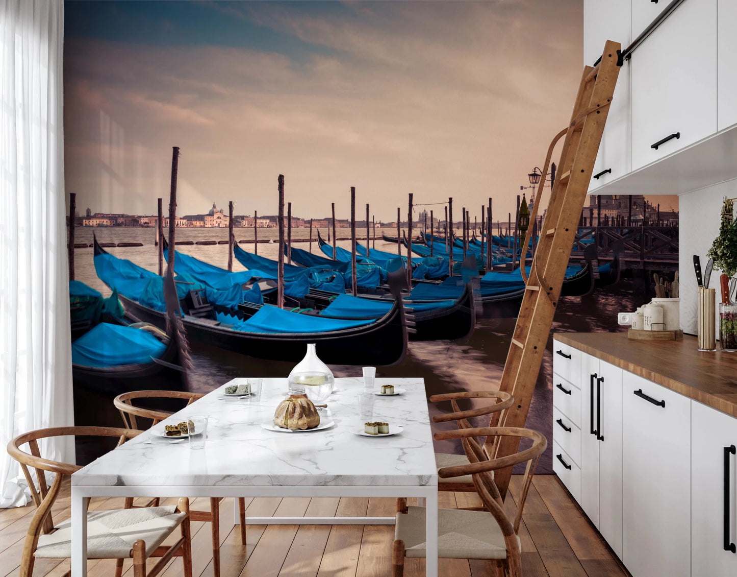Twilight Gondolas wall mural in blue brown black and beige tones