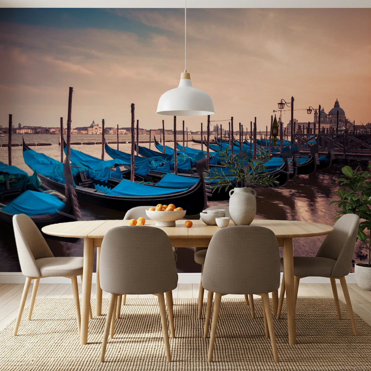 Dining room with Twilight Gondolas wall mural and moored Venetian boats, GD8288