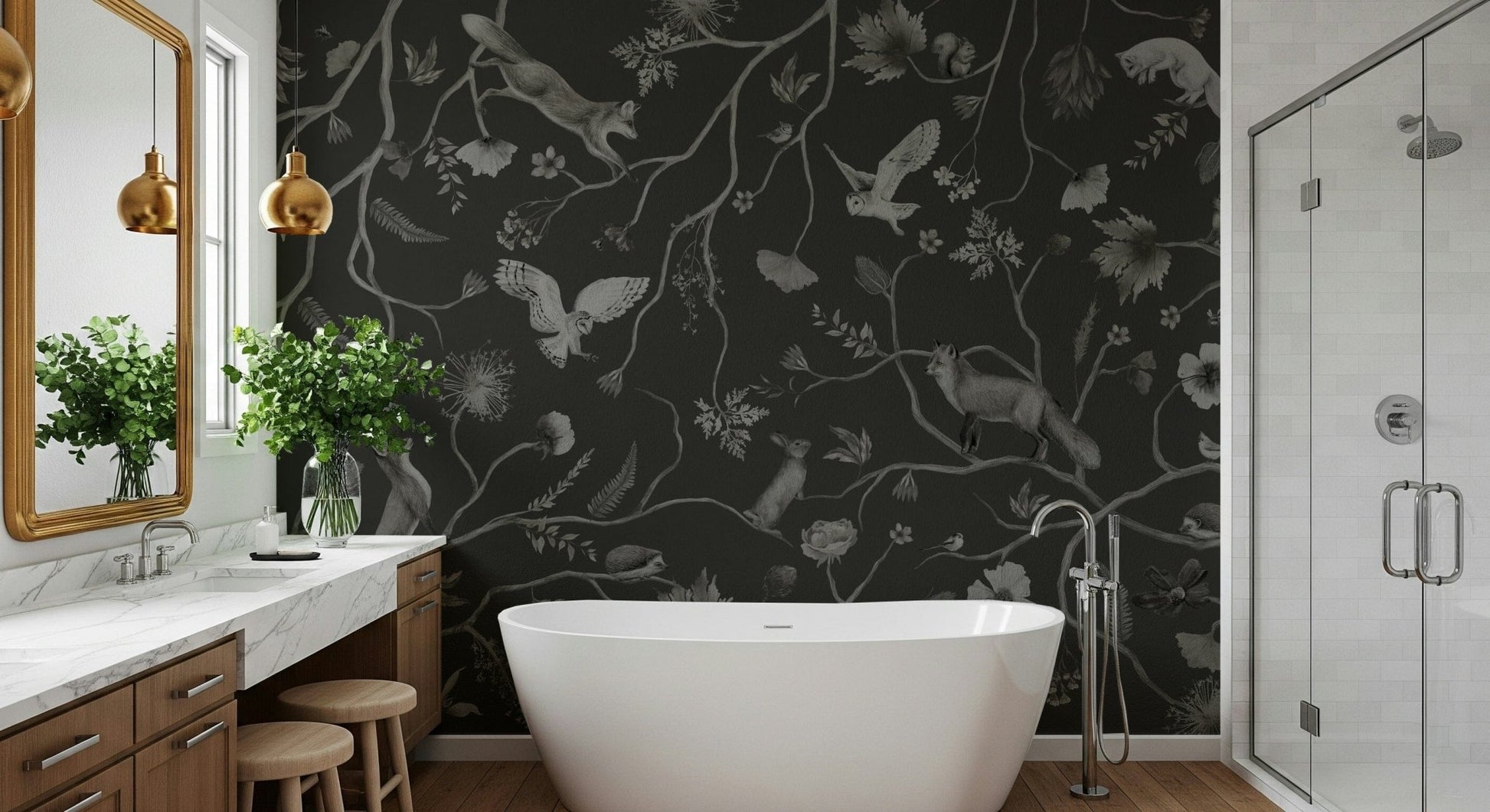 Deep blue and gray forest scene on Twilight Grove Wall Mural.