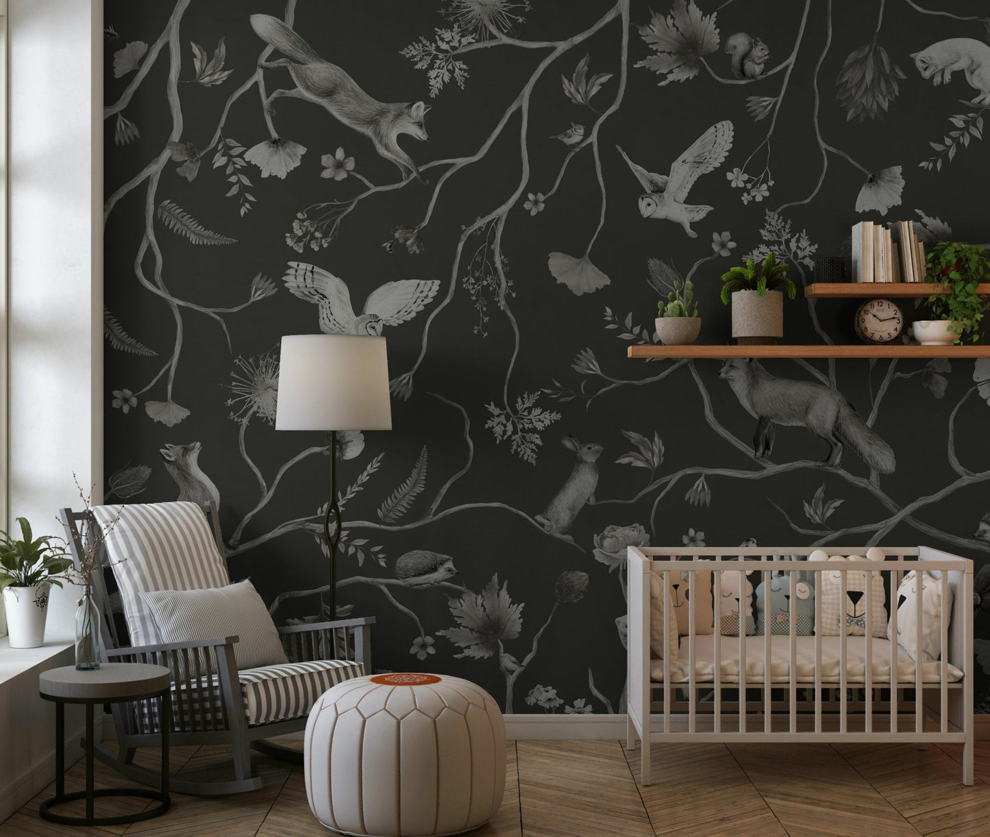 Horizontal design of the moody Twilight Grove Wall Mural.