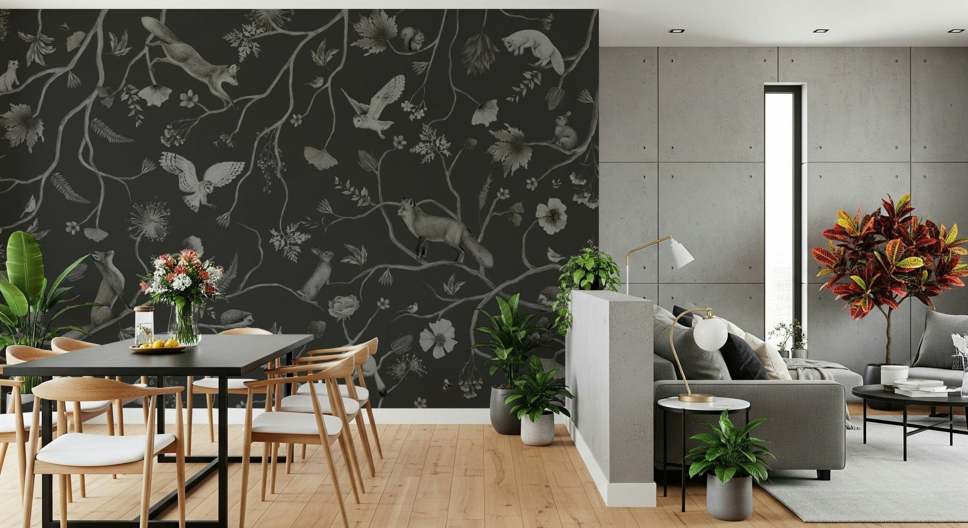 Forest silhouettes on the calming Twilight Grove Wall Mural.