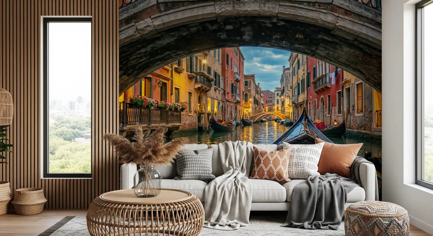 Glowing window lights reflect on dark teal water in Twilight in Venice wall mural.GD9621