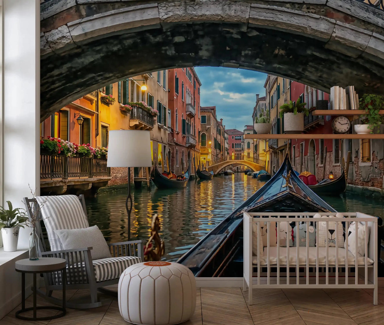 Twilight in Venice wall mural opens the Nursery into a glowing canal scene.GD9621