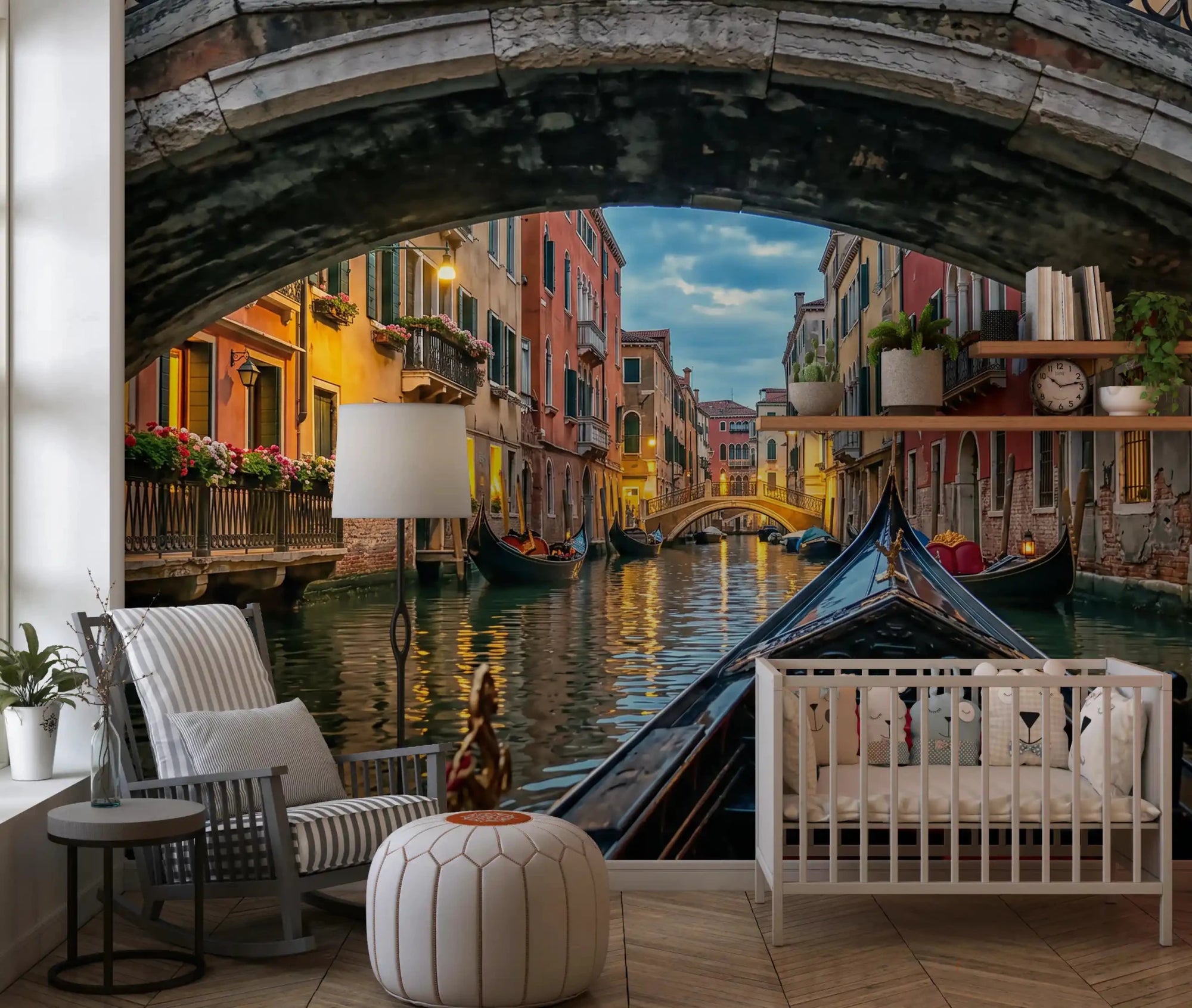 Twilight in Venice wall mural opens the Nursery into a glowing canal scene.GD9621