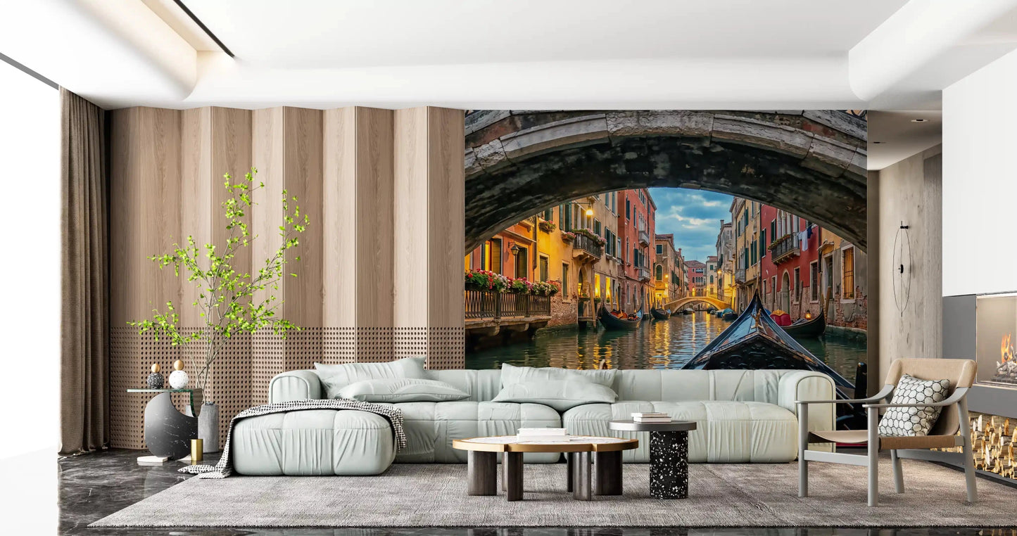 Hallway leads outward into a Venice canal view with Twilight in Venice wall mural.GD9621