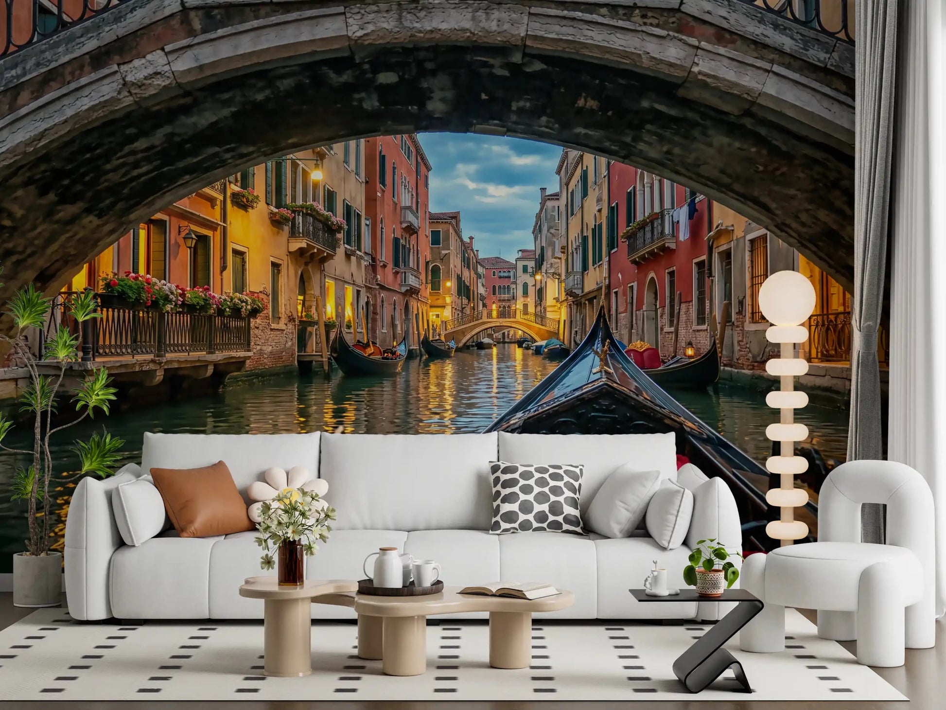 Lounge corner picks up romantic depth with Twilight in Venice wall mural detail.GD9621
