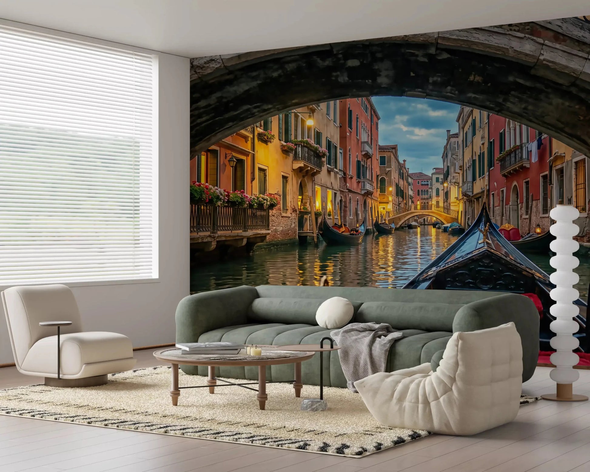 A black gondola with red velvet seats drifts down the water in Twilight in Venice wall mural.GD9621