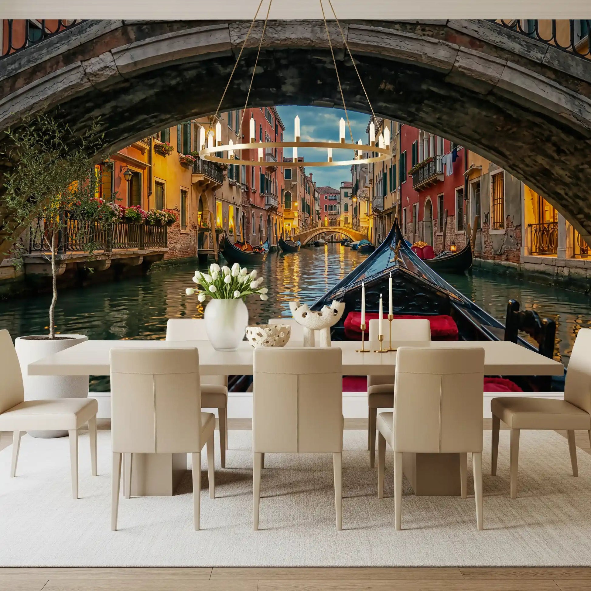 Dining room space stretches deeper through Twilight in Venice canal wall mural.GD9621