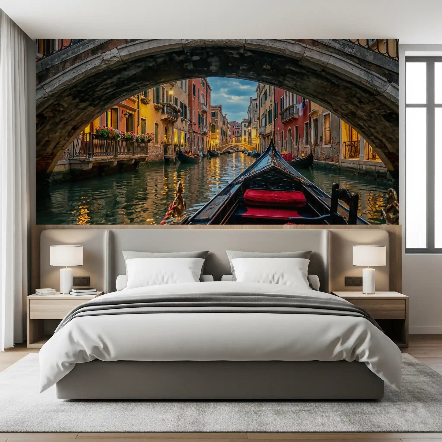 Stone bridge arch frames the foreground of Twilight in Venice canal wall mural.GD9621