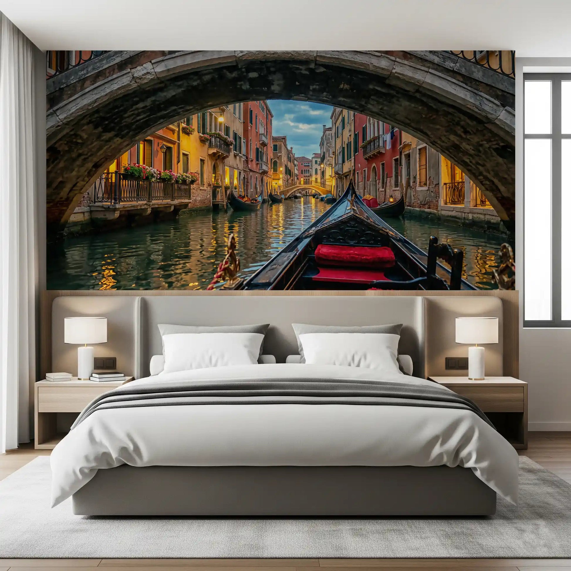 Stone bridge arch frames the foreground of Twilight in Venice canal wall mural.GD9621