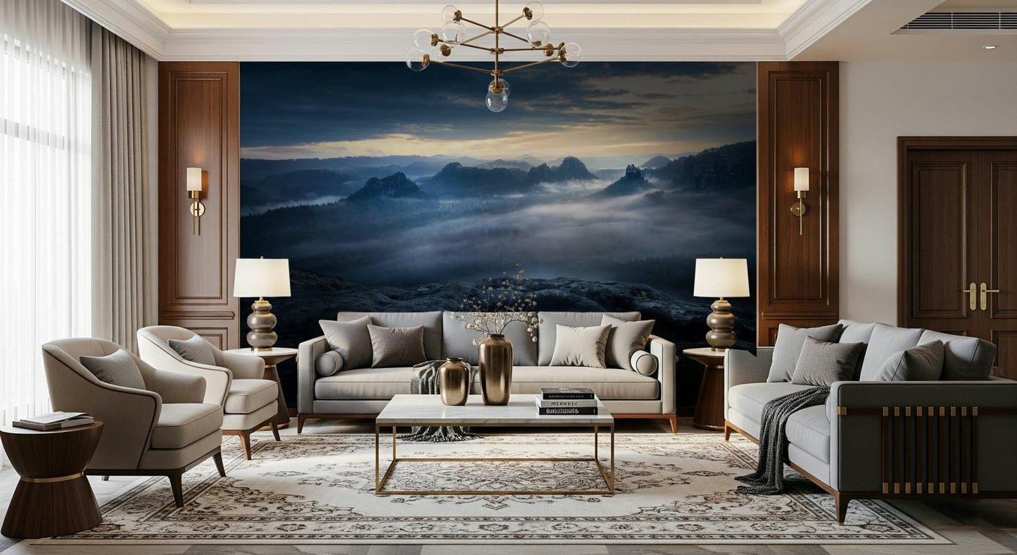 A graceful subtle light wall mural in cool, twilight tones.