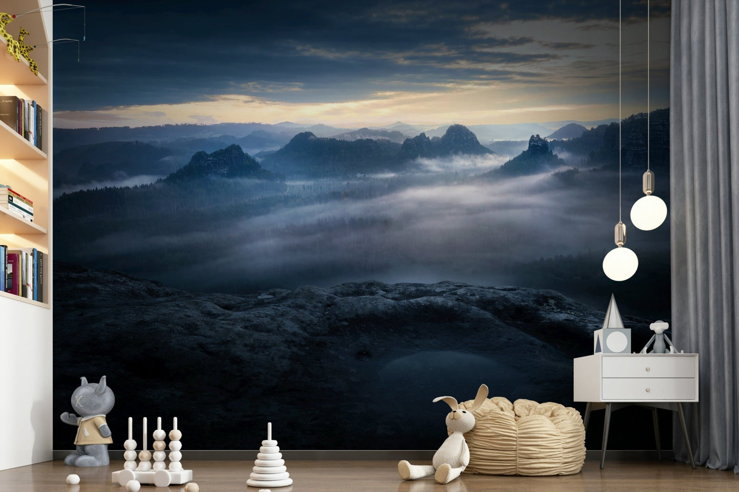 A calming serene view wallpaper mural that defines a space.