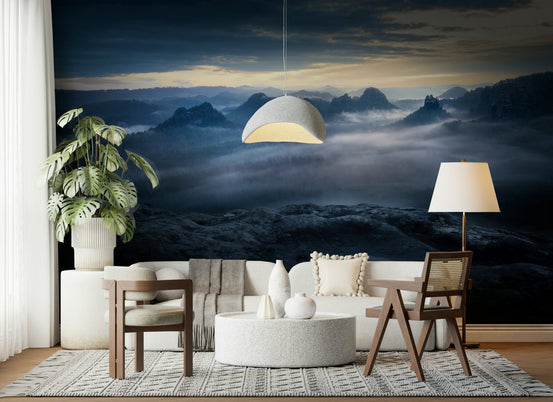 A beautiful twilight mountain wallpaper mural with soft, misty light., GD5775